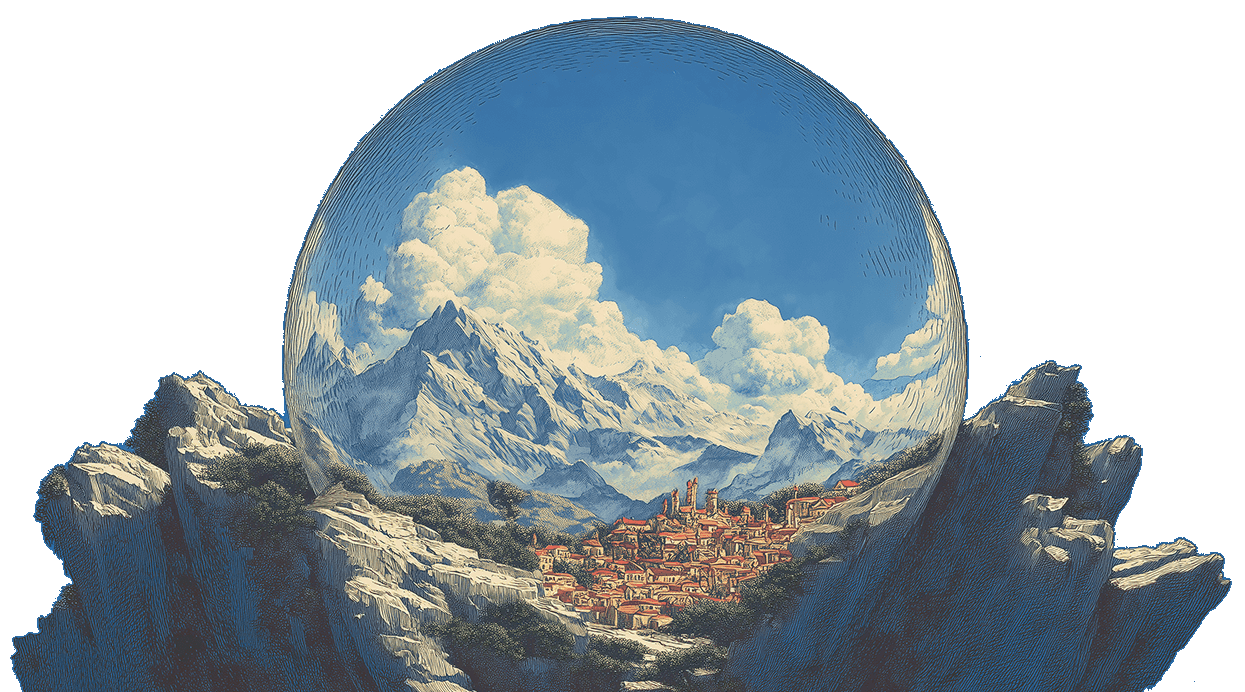 Marble AI - Spherical 3D world with mountains and village generated by AI